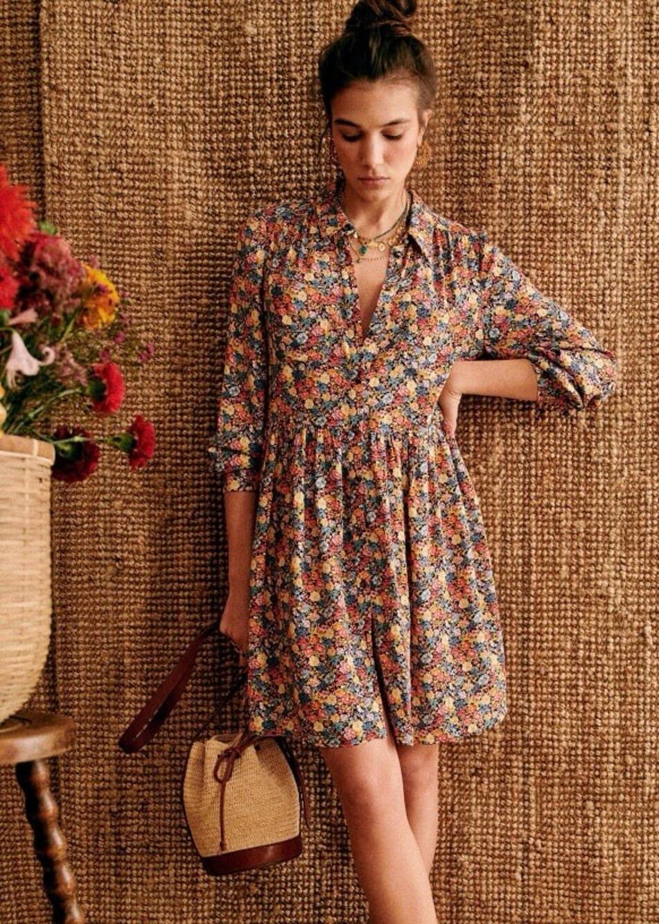 Sezane Leana Dress Sunflowers Floral 100% Viscose Mini Dress EU 38 US 6